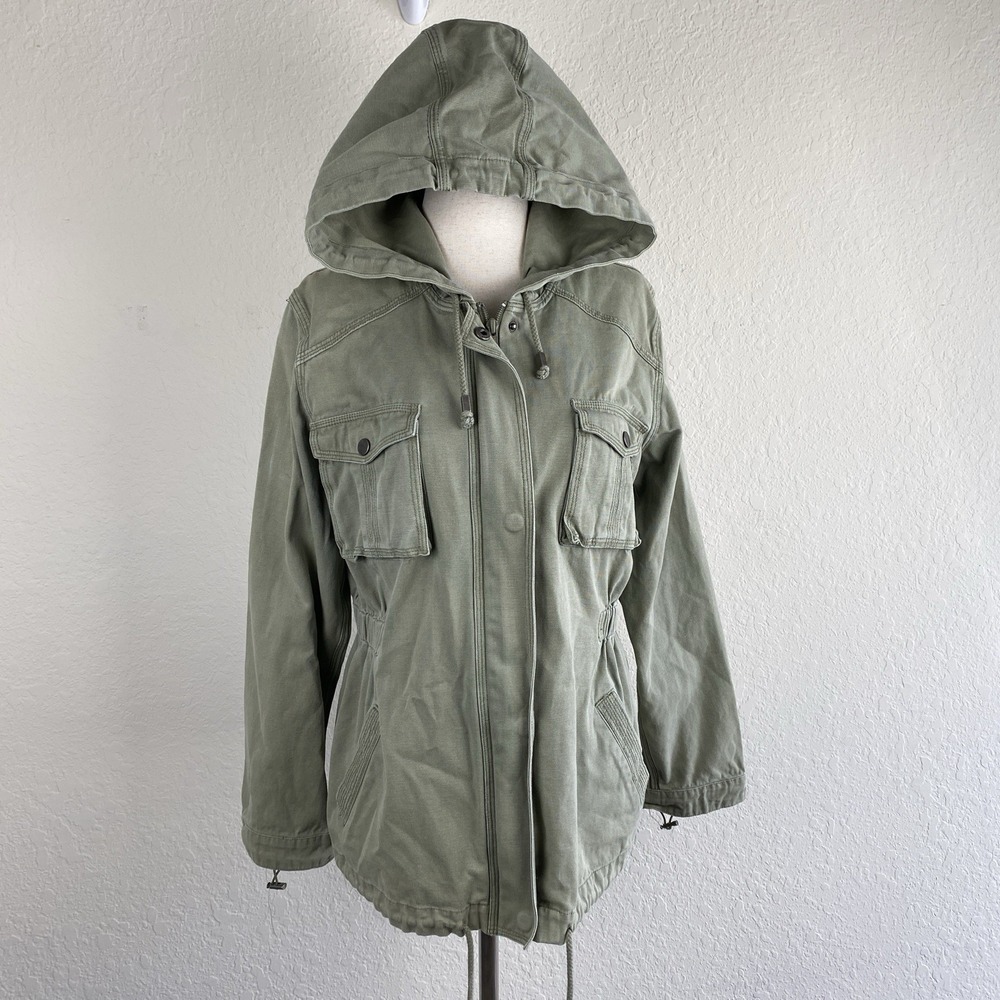 Vtg Tommy Bahama S Jacket Cargo Utility Hooded Cinched Waist Green Field Chore